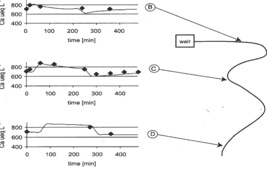 Fig. 7. Measured Ca concentration (diamonds) and modelled response for Ca concentration (solid line) at points B, C, and D versus time.