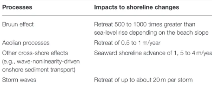 TABLE 1 | Order of magnitude for cross-shore sedimentary processes contributing to shoreline change for typical coastal settings in the Netherlands and Australia and for a closure depth of 10 m (data from Stive, 2004).