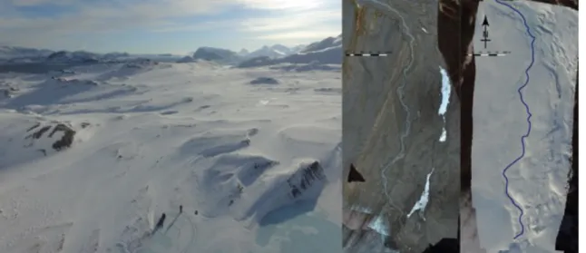 Figure 1: Oblique view of the study area and comparison of September (left) and April (right) stream channel result- result-ing from subglacial outflow (Austre Lovenbreen)