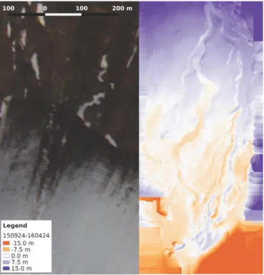 Figure 2: DEM difference between April and October acquisition. The result is mapped on a Formosat satellite im- im-age, which is used as a spatial reference