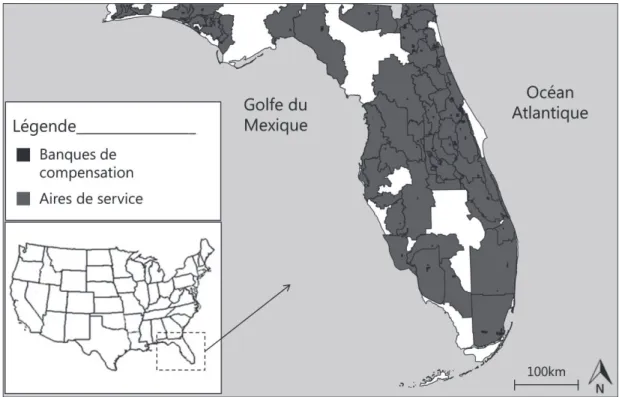 Figure i.6 - Carte des banques de compensation pour zone humide en Floride étudiées © Florida  Department of Environmental Protection pour les couches cartographiques (Juin 2014)  