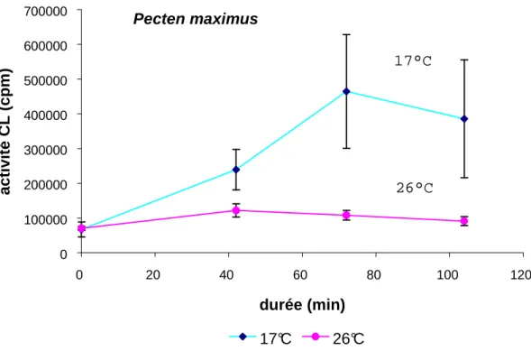 Figure  14.  Variations  de  l’activité  CL  d’hémocytes  de  P.  maximus  activés  par  le  zymosan  en  fonction de la température (± erreur standard)
