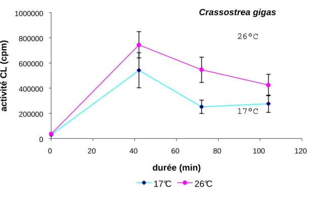 Figure 15. Variations de l’activité CL d’hémocytes de C. gigas activés par le zymosan en  fonction de la température  (± erreur standard)