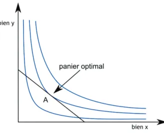 Figure 3.2 : Courbes d'indifférence, contrainte budgétaire et choix optimal. 