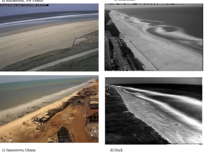 Figure 2.10. Different time exposure images from around the world (a) Biscarrosse (b) Gold Coast [Plant  et  al.,  2007]  (c)  Jamestown,  Ghana  (d)  Duck  [Plant  et  al.,  1999]