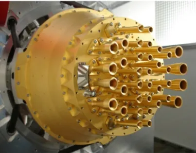 Figure 2.9: Planck focal plane. The different sizes of the feedhorns correspond to different frequency ranges (857, 545, 353, 217, 143, 100, 70, 44 and 30 GHz) : the aperture of the horn must be adapted to the wavelength to prevent diffraction of the incom
