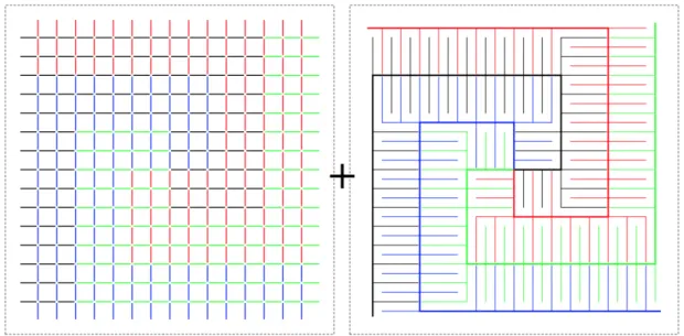 Figure 3.16: Design of one CEA polarization sensitive bolometer for the initial 100 µm band of the SPICA/B-BOP instrument : antennae dipoles(left) are supported by thermometer spirals (right)