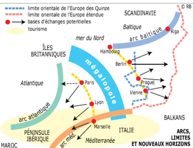 Figure 7 : Modélisation graphique de l’Europe selon les relations (économiques, géopolitiques, tourisme, etc.) entretenues entre les  différentes régions qui la composent 290