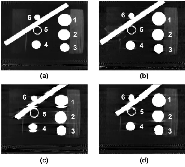 Figure 4-2: Using the GE scanner, (a) coronal slice of static phantom; coronal slice of phantom at 50% (inhale) phase for (b) 2 cm sine, (c) 2563 trace, (d) 2567 trace.