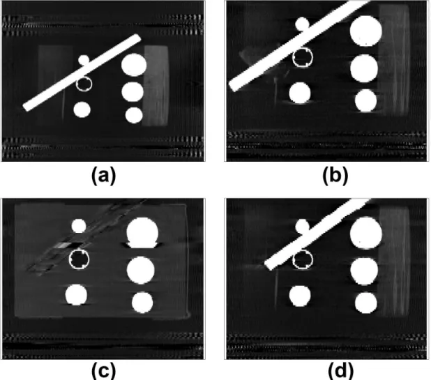 Figure 4-3: Using the GE scanner, (a) coronal slice of static phantom; coronal slice of phantom at 0% (exhale) phase for (b) 2 cm sine, (c) 2563 trace, (d) 2567 trace.