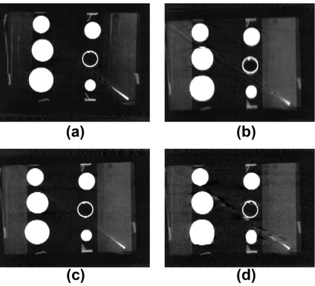 Figure 4-6: Using the Philips scanner, (a) coronal slice of static phantom; coronal slice of phantom at 40% (close-to-exhale) phase for (b) 2 cm sine, and at 50% (exhale) phase for(c) 2563 trace, (d) 2567 trace.
