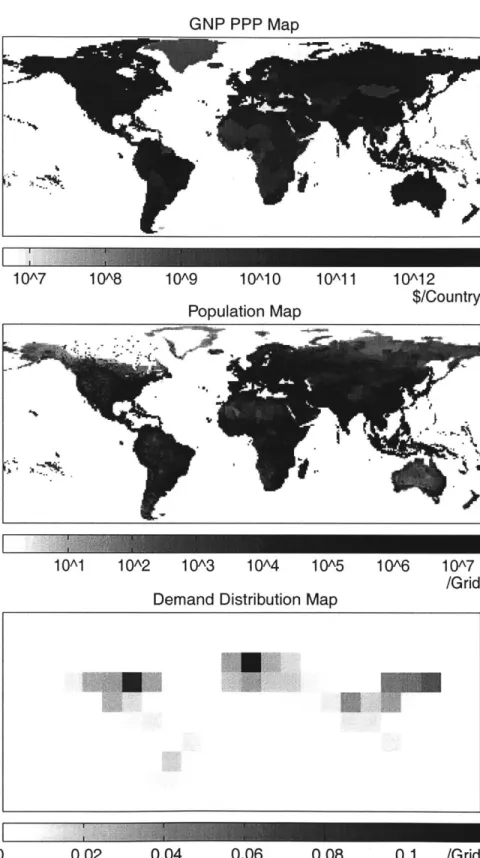 Figure  4.4:  Global  Distribution Maps of GNP  PPP, Population, and Estimated  Market Demand.
