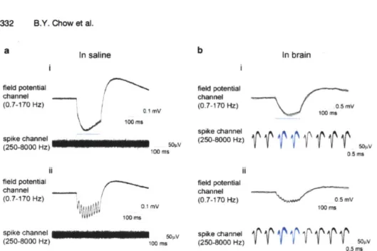Fig.  9.  Voltage  deflections observed  on  tungsten  electrodes  immersed  in saline  (a)  or  brain  (b), upon  tip  exposure  to 200 me  blue light pulses (bI) or trains of 10 ms blue light pulses delivered at 50 Hz  (bi)
