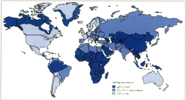 Figure 1-1.  Worldwide  geographic  distribution of chronic  hepatitis  B  virus infection  as of 2005