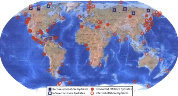 Figure  1-1:  Map  displaying  the  worldwide  distribution  of  known  and  inferred  methane hydrates