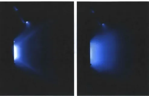 Figure 2-6:  Hollow conical  plume  of the  DCFT operating  in  high current  mode  (left), Plume  of the  DCFT  operating  in  low  current  mode  (right).