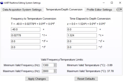 Figure 3-3: The ARES temperature/depth conversion equation settings window.