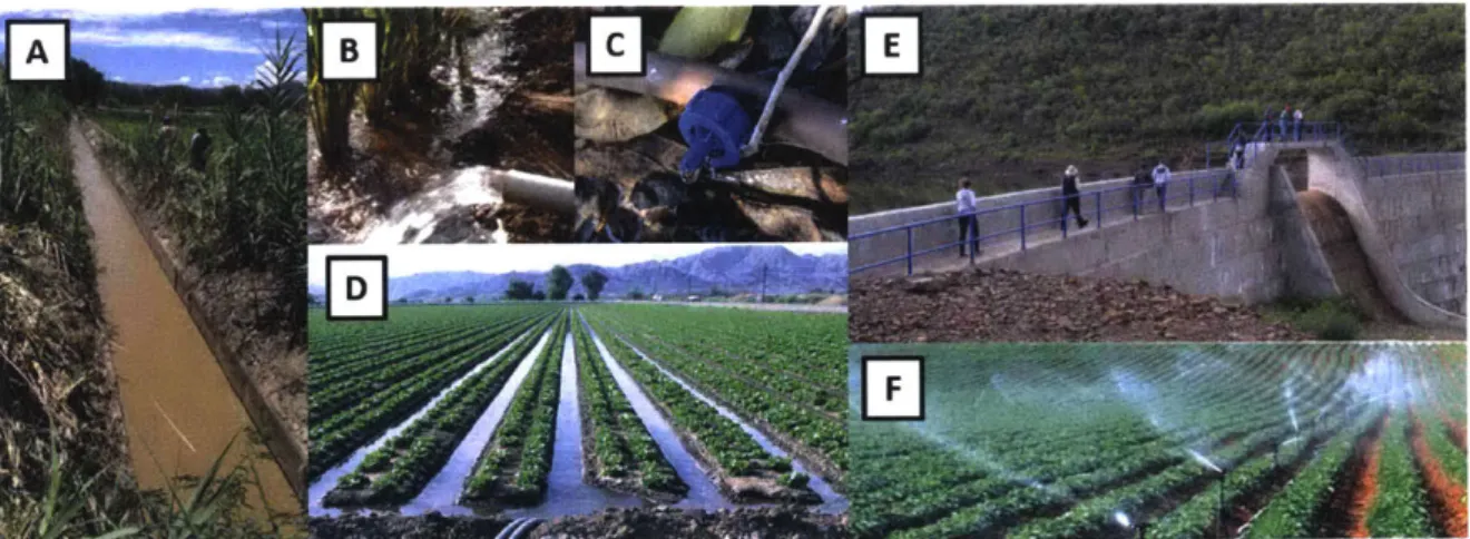 Figure  1-1:  Examples  of  various  irrigation  methods.  More  traditional  methods such  as  canal  (A),  flood  (B)  and  furrow  (D)  irrigation  lose  water  to  evaporation  and absorption