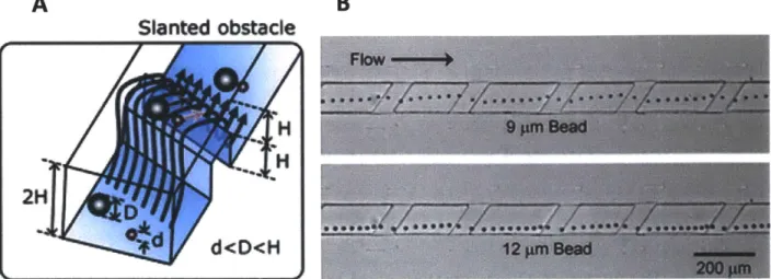 Figure 3.1:  a)  Example  of a  hydrophoresis  device  that  can  continuously  separate  particles  based  on  side using  slanted  obstacles  in  a  microchannel