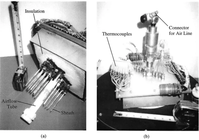 Figure 3-3:  (a)  Bottom  view  of  the  cooling  unit.  Note  the  central  airflow  tube,  the thermocouple  sheaths,  and the ceramic  insulation