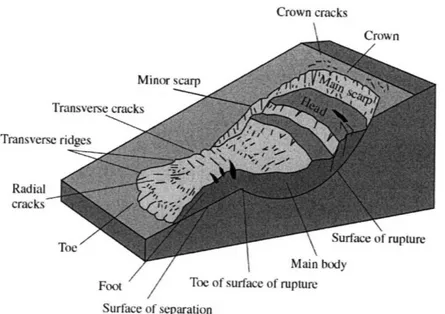 Figure 3.6:  Features  of a typical  landslide, reproduced  from Highland  (2004).