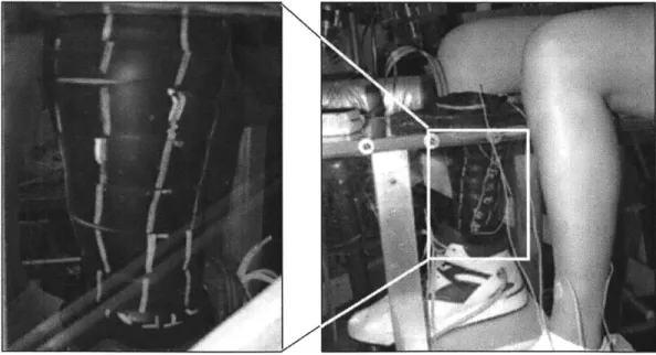 Figure  4-3:  (a)  Alignment  marks  along  the  length  of  the  elastic  bindings.  (b)  Al- Al-ternate  view  of  the  alignment  marks  on  bindings  worn  by  a  test  subject  in  the  low pressure  leg  chamber.