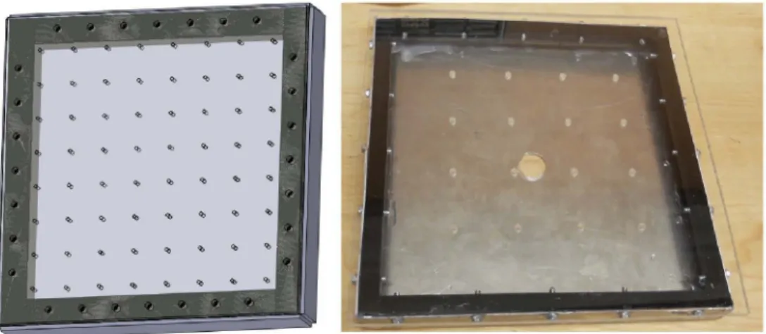 Figure 3-5: Left: Cad model with no.2 sparger plate. Right: Actual fabricated sparger box with no.5 sparger plate.