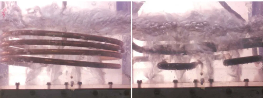 Figure 3-7: Left: Bubbles avoid impacting the coils Right: Bubbles makes several impacts while rising