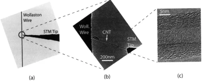 Figure  1-13:  A  series  of  micrographs  showing  the  Wollaston  wire  probe,  the  STM tip,  and  the  CNT  that  was  measured  at  various  magnifications
