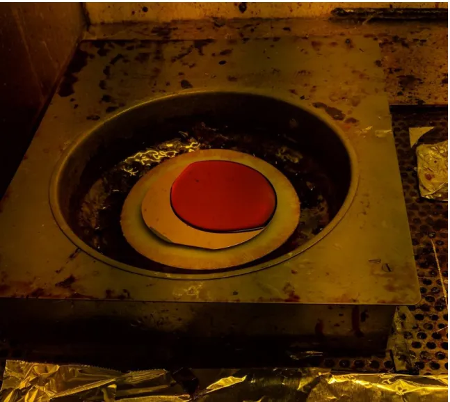 Figure 1: Pouring a pool of AZ 9260 on the sample. The centrifugal force of the rotation  of the wafer will flatten the photoresist into a layer of the desired thickness