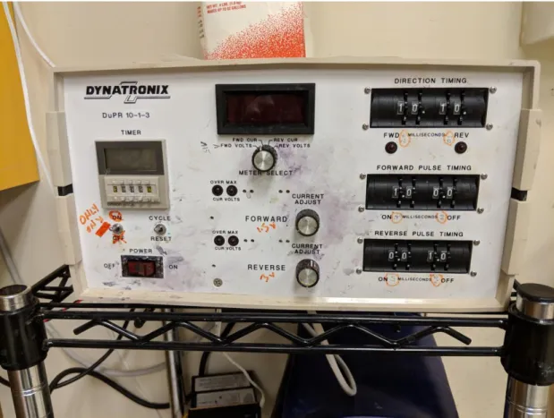 Figure 6: The power supply connected to the electroplating setup. This project used a  simple, permanent-on setting, setting the reverse pulse time to zero and the forward off  time to zero