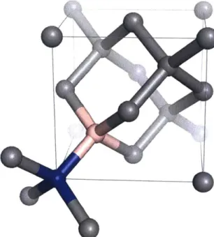 Figure  3-1:  Example  structure  of  the  NV  center  within  the  diamond  lattice.  The substitutional  nitrogen  atom  is  shown  in  blue  and  the  vacancy  is  shown  in  pink.