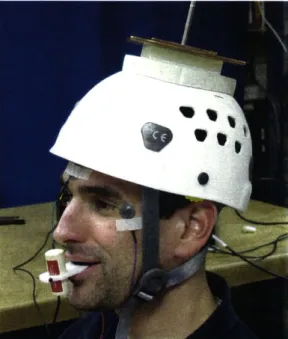 Figure 3.2  Test subject  equipped with helmet,  weights,  velocity  sensor,  and EOG  electrodes.