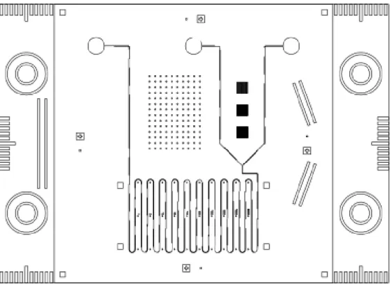 Figure 3-4: Test Micromixer Device: Fluid is input into the two rightmost ports, and exits in the leftmost port