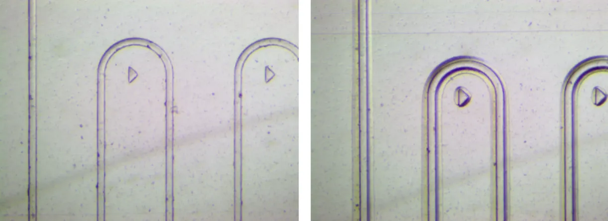 Figure 3-5: Well-Formed and Poorly-Formed Channels with Tape Applied: Images of (left) a well-formed device with sharp corners, and (right) a poorly formed device with rounded corners