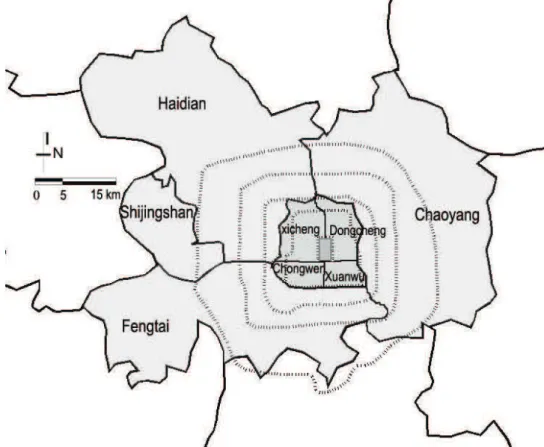 Fig. 3 – Ville-centre de Beijing, (8 arrondissements et 5 périphériques), Liu K. 