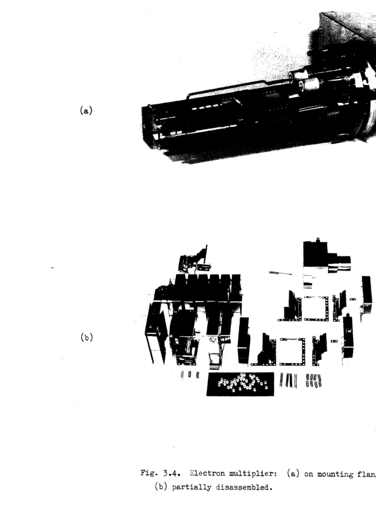 Fig.  3.4.  Electron  multiplier:  (a)  on mounting flange, (b)  partially  disassembled.