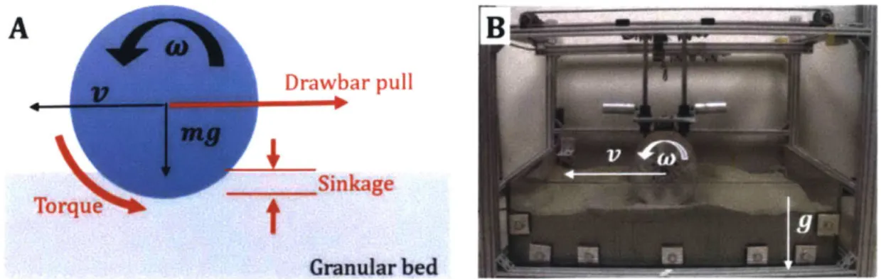 Figure  6-1:  A)  Schematic  and  B)  Experimental  setup  of  forced-slip  Terramechanics rig  used  in  the  study,  where  translation  (v)  and  angular  velocities  (w)  are  controlled while  Torque,  Drawbar  pull  and  Sinkage  (z-direction  motion