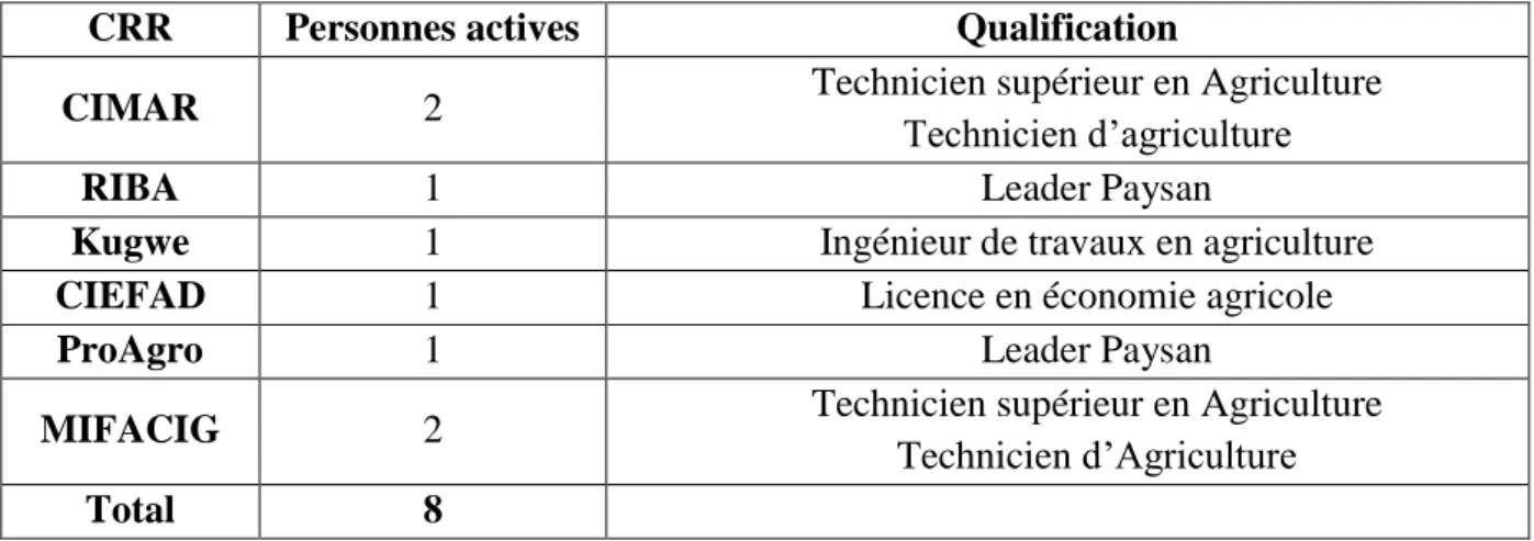 Tableau 9:   Profil des responsables du suivi des producteurs dans les CRR 