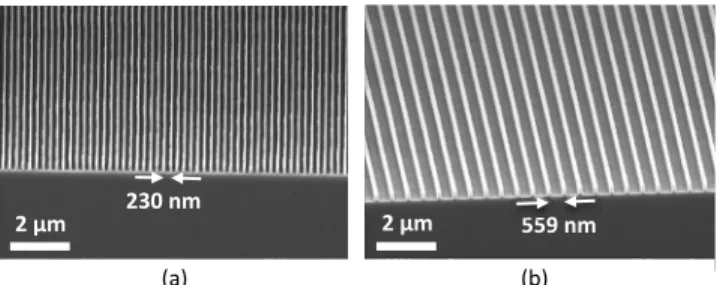 Figure 4 shows grating lines pattern-transferred into the antireflection coating. Figure 4 共 a 兲 is of 230 nm pitch and is the same substrate as in Fig