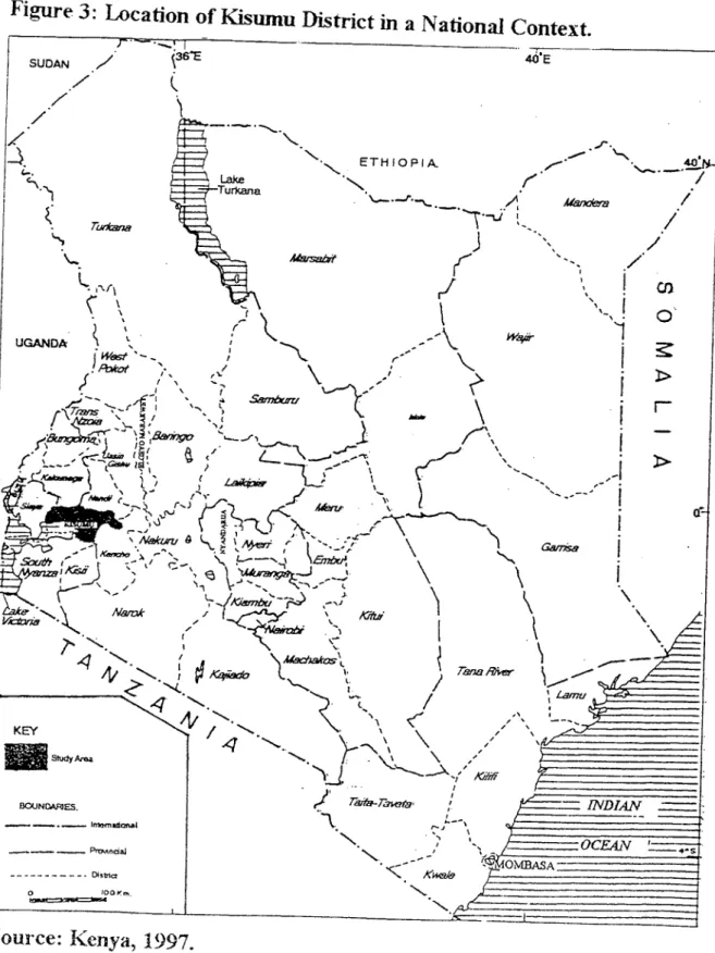 Figure 3: Location of Kisumu District in a National Context.  46.E  ./.  /  N..   . &#34;....