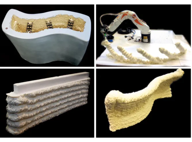 Figure 11: Early experiments with Print-in-Place fabrication. Clockwise from top left: 1) Wall, finished  with conventional ICF finishing techniques