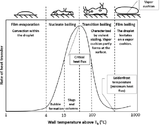 Figure 2-1: A boiling curve depicting the different regimes of droplet boiling and their associated surface temperatures (horizontal axis) and heat transfer rates (vertical axis) [2].