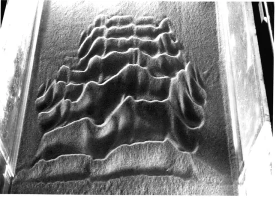 Fig.  3.1. Development of  a ripple train  from a line disturbance on  a flat bed  with no grain motion  (Run C-7,  D  =  0.66  mm  ,  flow from