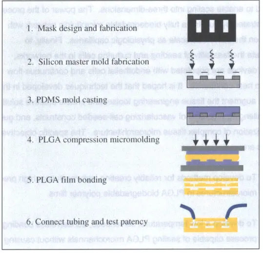 Figure  1.9 Biodegradable  microfluidics fabrication  process overview.  1)  Photomasks are designed, fabricated,  and 2)  used to define  microstructures  in silicon