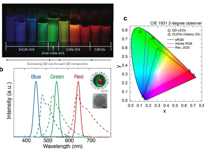 Figure  2-1:  Tunable and pure emission from colloidal QDs.  (a) Photograph of colloidal QD  solutions of varying size and composition under ultraviolet excitation, exhibiting color tunability  in the visible spectrum 21 