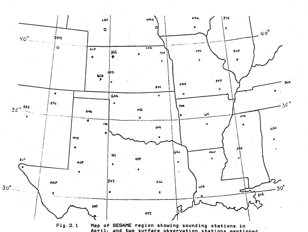 Fig. 3.  1  Map  of  SESAME  region  showing  sounding  stations  in April,  and  two  surface  observation  stations  mentioned later  in  the  text.
