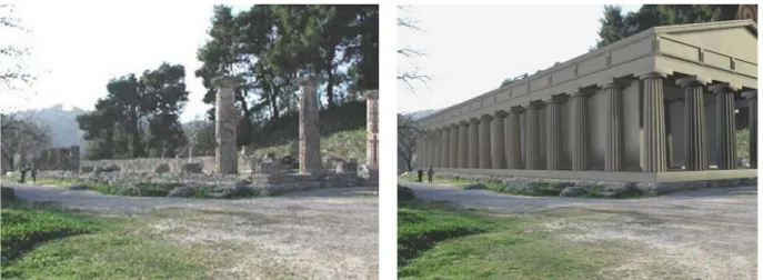 Figure  3.12:  The  Archeoguide  project,  non-augmented  and  augmented  view  of  the  Hera  temple  in  Olympia  (illustrations extracted by  (Vlahakis et al., 2002)) 