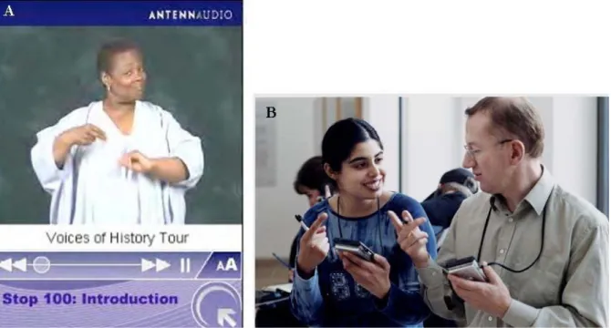 Figure 2. 7a-2.7b: The Great Black Wax museum deaf or hard-of-hearing guide (A) and two deaf visitors using  the Tate Modern Multimedia Tour (B), (Proctor, 2004) 