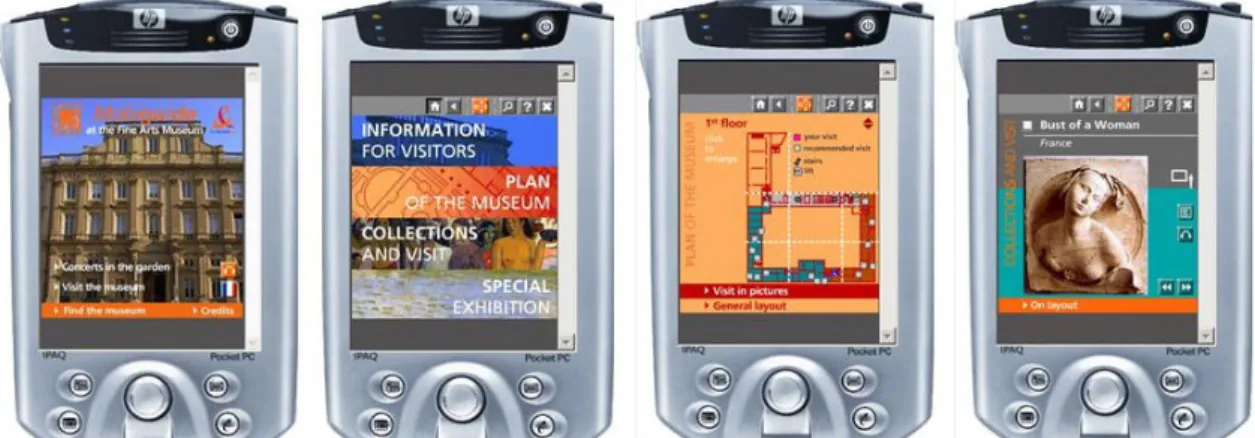 Figure 2. 9: Mobivisit project, Screenshots of the mobile museum guide, Museum of Fine Arts, Lyon (Damala et  al., 2005) 